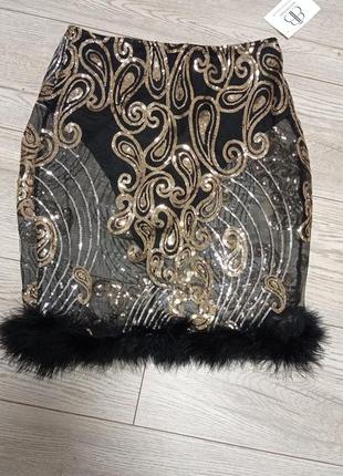 Прозрачная юбка трусики с пайетками и перьями