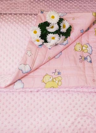 Плюшевый плед для новорожденных минки мишки на розовом