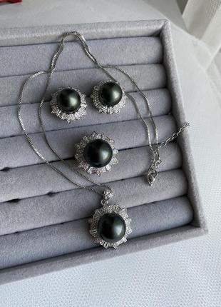 Набір сережки підвіс і кільце чорний перли срібло 925 проба1 фото