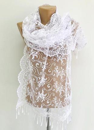 Белый ажурный фатиновый кружевной шарф2 фото