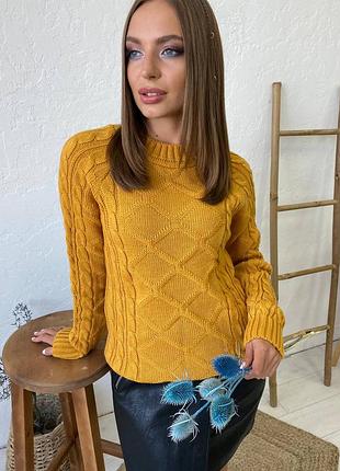 Теплый свитер вязаный с узором оверсайз горчица 7 цветов