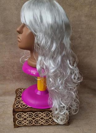 Парик белый длинный кучерявый с чёлкой парик светлый вьющийся парик снежная королева длинный карнавальный2 фото