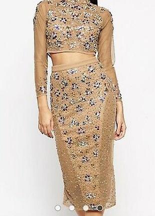 Юбка бежевая в камнях и стразах asos