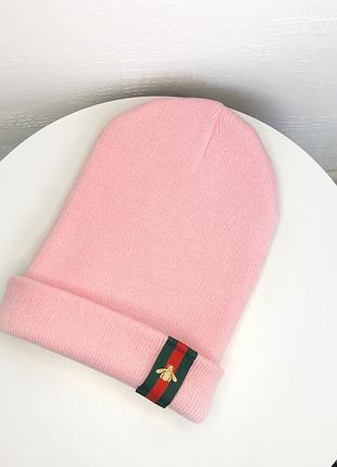 Шапка подвійна з принтом бджоли,рожева р. 52-60,багато квітів