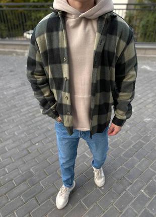Мужская куртка рубашка в клетку оверсайз плотная хаки9 фото