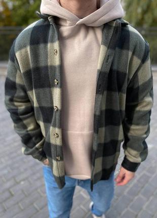Мужская куртка рубашка в клетку оверсайз плотная хаки2 фото
