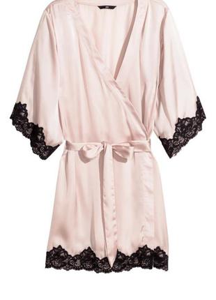 H&m нежно розовый халат халатик с кружевом м -размер