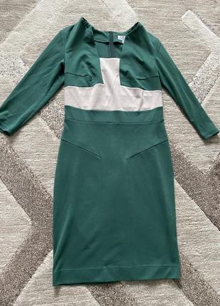 Сукня смарагдового кольору з бежевими вставками1 фото