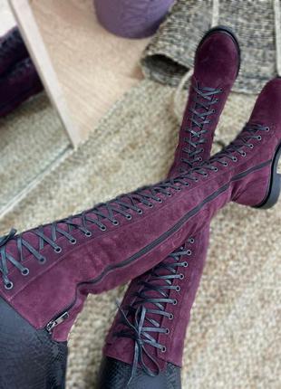 Дизайнерские сапоги ботфорты бордовый натуральный замш на шнуровке очень зима1 фото