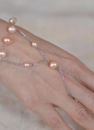 Слейв-браслет из стали с розовым жемчугом  "жемчужина востока"