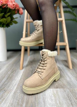 Suede boots low beige collar женские утепленные бежевые велюровые зимние ботинки жіночі бежеві утеплені сапожки8 фото