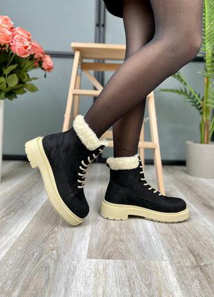 Suede boots low black collar женские утепленные черные велюровые зимние ботинки жіночі чорні утеплені сапожки