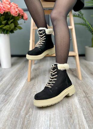 Suede boots low black collar женские утепленные черные велюровые зимние ботинки жіночі чорні утеплені сапожки5 фото