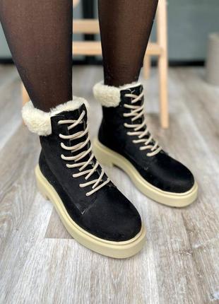 Suede boots low black collar женские утепленные черные велюровые зимние ботинки жіночі чорні утеплені сапожки2 фото