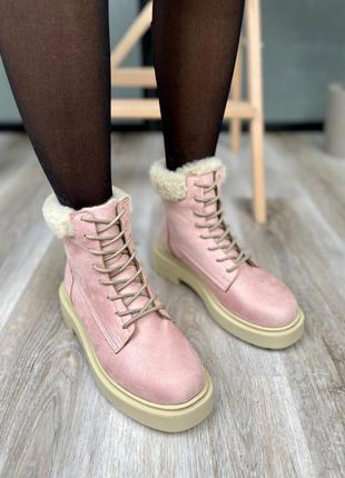 Suede boots low pink collar женские утепленные розовые велюровые зимние ботинки жіночі рожеві утеплені сапожки2 фото