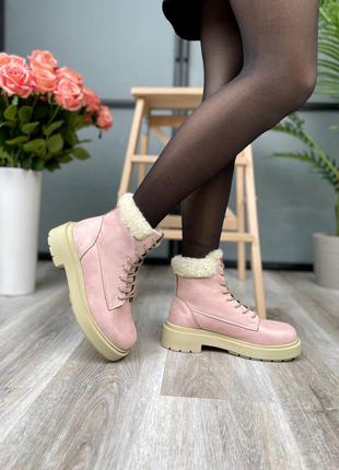 Suede boots low pink collar жіночі утеплені рожеві велюрові зимові черевики жіночі рожеві утеплені чобітки