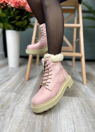 Suede boots low pink collar женские утепленные розовые велюровые зимние ботинки жіночі рожеві утеплені сапожки7 фото