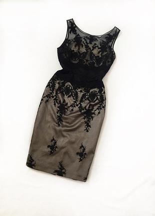 Красивое чёрное бежевое платье кружево сетка вечернее