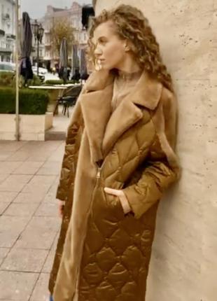 Пальто женское стеганое пальто - пуховик комбинированное пальто пуховое карамельное пальто