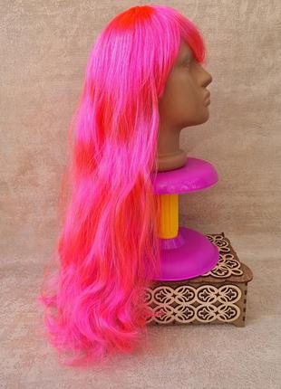 Парик длинный розовый с челкой ярко-розовый парик для образа аниме,  карнавальный цветной парик для образа на хэллоуин4 фото