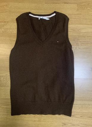 Шерстяной стильный актуальный вязаный трикотажный жилет жилетка коричневый tommy hilfiger свитер светр1 фото