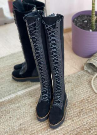Дизайнерские сапоги ботфорты на шнуровке осень зима натуральные