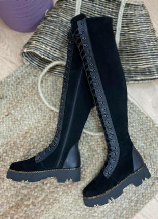 Дизайнерские сапоги ботфорты на шнуровке осень зима натуральные