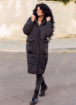 Пальто зимнее куртка баллоновая удлиненная с капюшоном женская4 фото