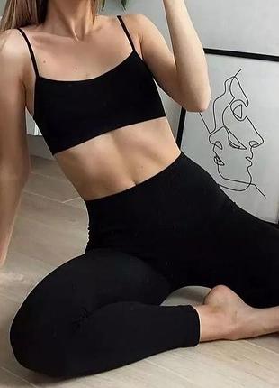 Идеальный твой комплект бесшовный топ и лосины спортивный костюм чёрный из микрофибры