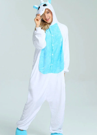 Пижама кигуруми единорог бело-голубой с крыльями, 145-185 см рост (s, m, l, xl)