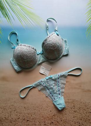 Ніжно-бірюзовий комплект pleasure state white label, бюстгальтер 80 d, 80 д, стрінги розмір l