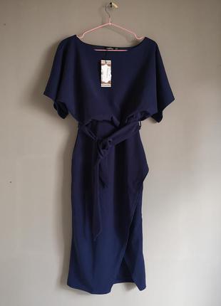 Плаття нарядне вечірній міді з розрізом з поясом колір нави boohoo