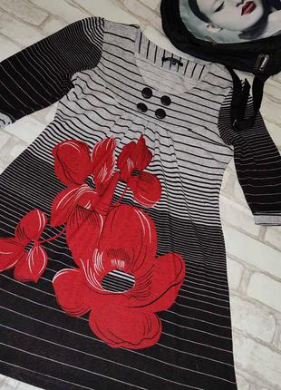 Туника , платье серо-черное с красными цветами " isabel" , m4 фото