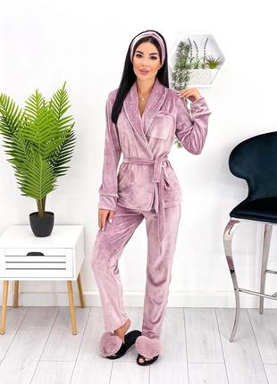 Піжама з пов'язкою жіноча велюрова домашня одяг сорочка і штани