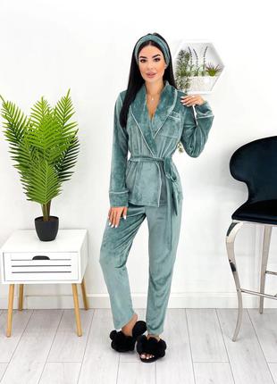 Піжама з пов'язкою жіноча велюрова домашня одяг штани і сорочка бірюзовий