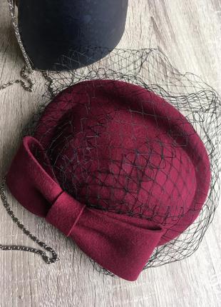 Бордова капелюшок капелюх таблетка вуалетка з вуаллю wine шерсть стиль ретро вінтаж4 фото