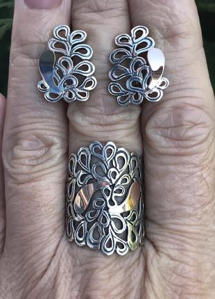 Новый серебряный набор серьги и кольцо