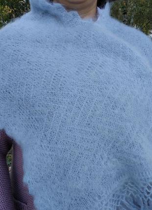 Вязаный голубой шерстяной шаль из козьего пуха ручной работы5 фото
