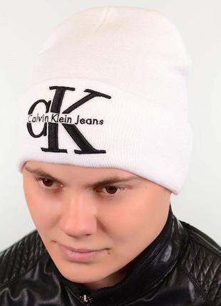 Зимняя мужская женская шапка лопата calvin klein кельвин кляйн с отворотом осень зима