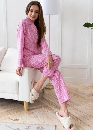 Бавовняна піжама сорочка на гудзиках з довгим рукавом і штани рожева в клітинку піжама