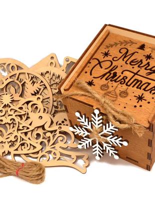 Подарунковий набір дерев'яних, новорічних ялинкових іграшок 12 шт в горіховій коробці + прикраса на ялинку