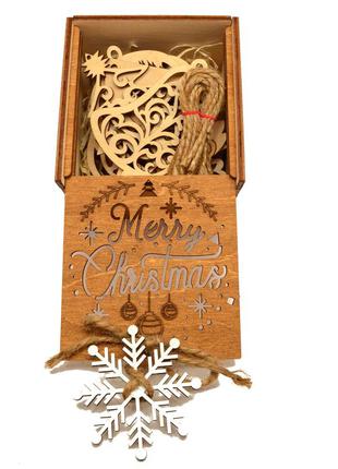 Подарочный набор деревянных новогодних елочных игрушек 12 шт в ореховой коробке + украшение на ёлку3 фото