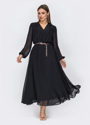 Роскошное черное шифоновое платье миди длинное платье, ниже колен из шифона с длинными рукавами расклешенная