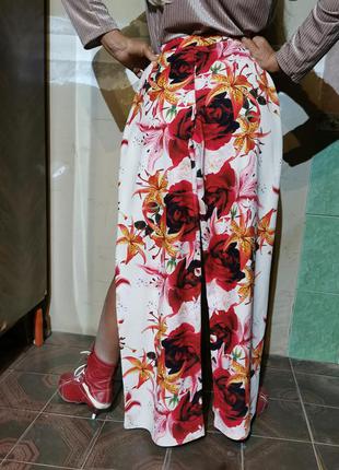 Трикотажные плотные брюки штаны высокая посадка стрейч прямые широкие в принт цветы лилии розы3 фото