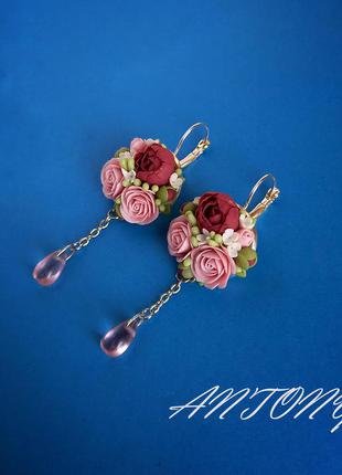 Сережки з мініатюрними квітами, сережки рожеві квіти, сережки півонії