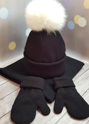 Комплект зимний шапка с бубоном натуральный мех, хомут и рукавички1 фото