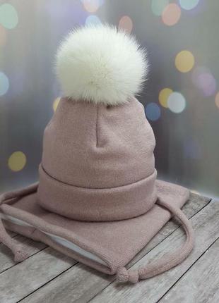 Комплект зимний шапка с бубоном натуральный мех и хомут/снуд1 фото