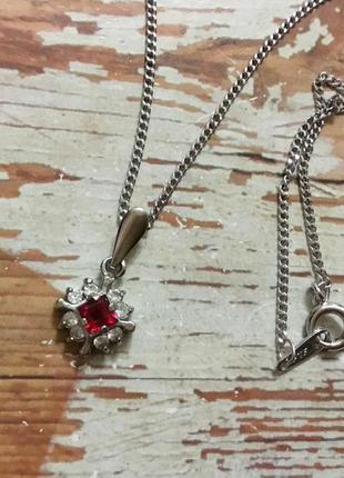 Кулон цепочка подвеска цвет серебро красный стразы стекло