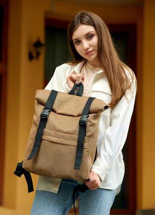 Женский коричневый тканевый рюкзак ролл топ для ноутбука в универ7 фото