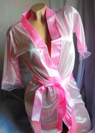 Нежный изящный розовый халатик с кружевом на рукавах "эмбер" широким поясом и трусиками стрингами1 фото